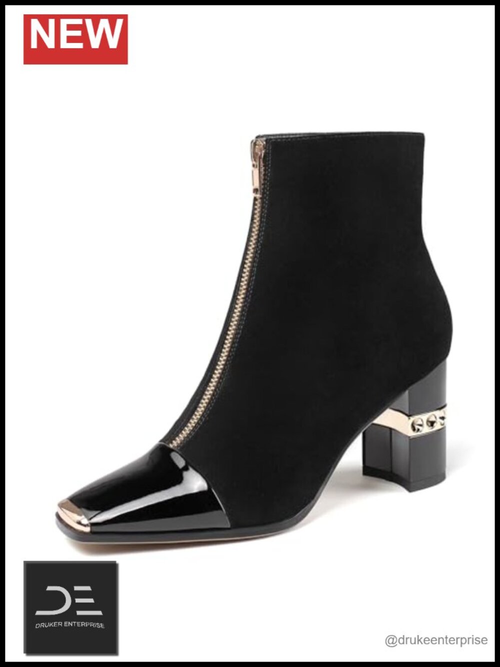 Chunky Heel Ankle Boots Suede Square Toe Zip 3 Inch